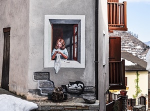 murales, gatto, finestra, balconi, donna, murale, casa, disegno, muro