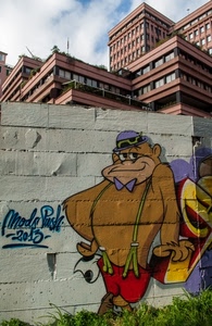 murales, muro, palazzi, gorilla, murale, bretelle, colori, finestre, mattoni, case