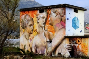 tre, murales, donne, alberi, albero, grazie, casa, murale, disegno, dipinto