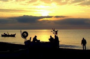 mare, controluce, pescatori, barche, acqua, alba, barca, nuvole, spiaggia