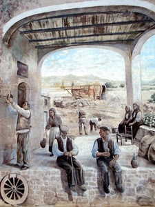 ruota, murales, persone, fiasco, donne, contadini, uomini, murale, dipinto, sedia