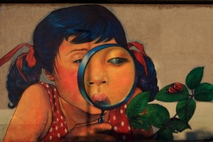 lente, bambina, murales, occhio, coccinelle, foglie, capelli, rosso, muro