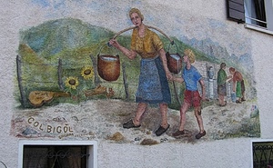donna, bambino, murales, muro, dipinto, disegno, murale, fiori