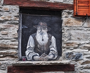 barba, pipa, vecchio, finestra, murales, bicchiere, uomo, murale, casa