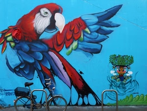 pappagallo, bicicletta, murales, colori, disegno, uccello, becco, celeste, muro