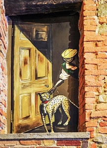 porta, murales, mattoni, finestra, animale, muro, murale, giallo, ghepardo