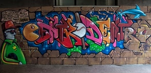 colori, murales, scritta, delfino, murale, muro, disegno, lettere, cappello, graffiti, mattoni