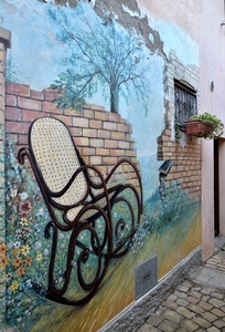 sedia, albero, murales, dondolo, fiori, vaso, muro, porta, finestra, mattoni, dipinto, murale, disegno