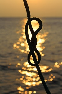 mare, nodo, corda, controluce, tramonto, riflesso, sole, fune