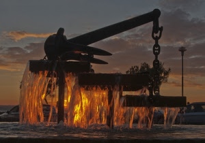 acqua, tramonto, fontana, ancora, catena, lampione