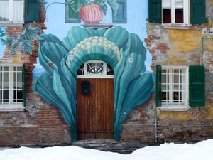 porta, finestre, murales, murale, disegno, legno, azzurro, dipinti, finestra, persiane