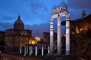 colonne, chiesa, notturno, roma, cupola, ruderi, notte, tre, nuvole, rovine, campanile