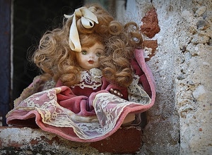 bambola, giocattolo, capelli, vestito, muro, pizzo, fiocco, rosa, nastro