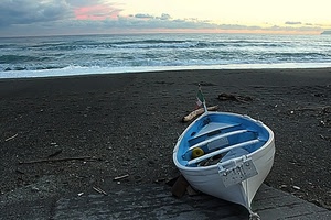 mare, barca, spiaggia, sabbia, onde, nuvole, tramonto, bianco