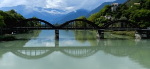 ponte, fiume, montagne, riflesso, acqua, archi, nuvole, arcate, lago, cielo, riflessi, alberi