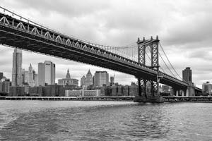 ponte, grattacieli, bianconero, fiume, acqua, città, america