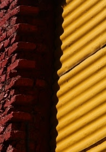 giallo, rosso, mattoni, bicolore, astratto, muro, marrone, contrasto