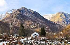 neve, campanile, alberi, montagna, montagne, chiesa, cielo, chiese, cappella, rocce, panorama, case