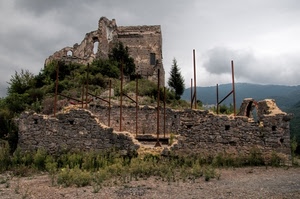 nuvole, ruderi, rovine, alberi, pietre, rudere, cielo, erba, tubi, castello