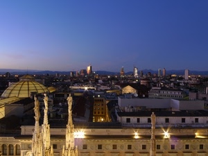 panorama, statue, luci, guglie, cielo, città, palazzi, milano, notturno, tetti, sera, cupola, crepuscolo