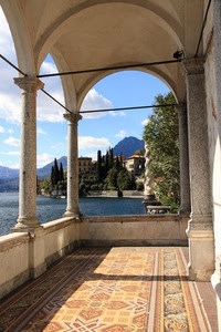 lago, colonne, portico, acqua, archi, panorama, alberi, pavimento, terrazza