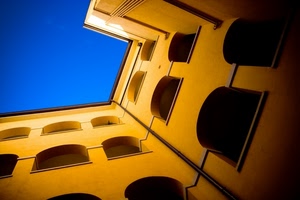 giallo, cielo, archi, finestre, azzurro, palazzo, prospettiva, blu, angoli