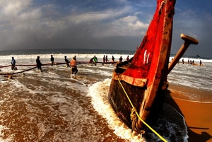 mare, barca, pescatori, pescare, spiaggia, reti, onde, nuvole, pesca, corda, sabbia