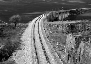 curva, ferrovia, ponte, bianconero, binari, rotaie, albero, binario, paesaggio