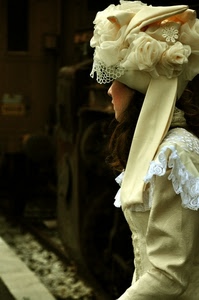 cappello, donna, costume, nastro, fiori, profilo, vestito, bianco, carnevale, pizzi