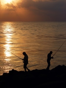 pescatori, mare, tramonto, controluce, canne, sole, riflesso, due, silhouette, scogli, nuvole, acqua, cielo, nero, riflessi, pesca, persone