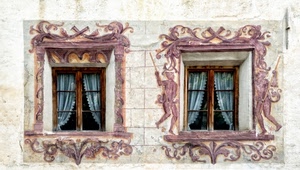 finestre, due, tende, decori, tendine, vetri, decorazioni, murales, liberty, rosa, cornici