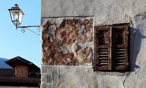 lampione, abbaino, finestra, muro, murales, persiana, persiane, legno, dipinto
