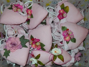 cuori, fiori, rosa, foglie, stoffa, verde, cuore, bomboniere, sacchetti, bianco, corde