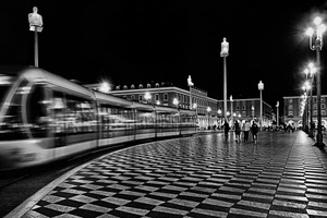 lampioni, bianconero, tram, piazza, notte, treno, notturno, città, marciapiede