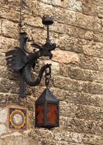 drago, lampione, ferro, muro, lanterna, ali, lampada, pietra