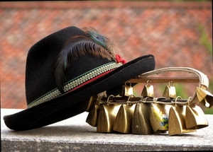 cappello, piume, campanacci, piuma, nero, oro, nastro, sfocato, sonagli, campanelle