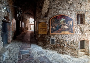 vicolo, finestre, quadro, arco, dipinto, borgo, lampione, insegna, sassi, archi, quadri