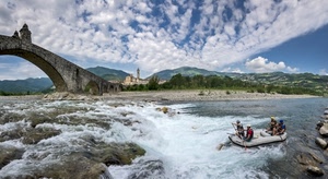 ponte, fiume, nuvole, canotto, acqua, sport, paesaggio, gommone