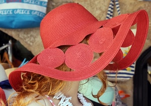 cappello, rosso, capelli, donna, paglia, borse, collana, bionda, cerchi, biondi, tesa, manichino, azzurro, negozio