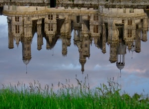 riflesso, acqua, castello, verde, erba, fiume, sottosopra, nuvole, prato, cielo, torri