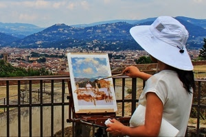 cappello, quadro, pittrice, panorama, pennello, donna, montagne, paesaggio, terrazza, dipingere