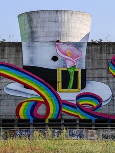 muro, murales, cappello, fiore, colori, arcobaleno, cilindro, murale, ciminiera, cielo, bianco, fibbia, rosa