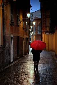 ombrello, rosso, vicolo, pioggia, lampioni, strada, persona