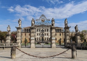statue, cancello, catena, palazzo, villa, cielo, nuvole