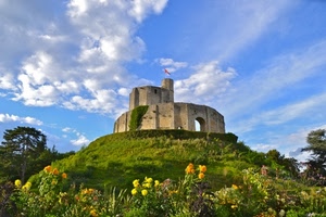 fiori, castello, cielo, verde, bandiera, nuvole, rudere, collina, erba, prato, torre