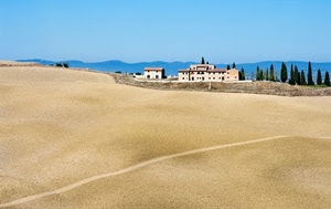 alberi, case, paesaggio, cielo, campo, panorama, terra, sentiero, campagna, strada, montagne, cipressi, azzurro, sabbia