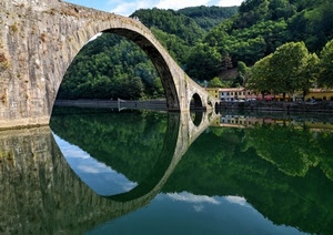 ponte, riflesso, fiume, acqua, alberi, cerchio, arco, diavolo, riflessi