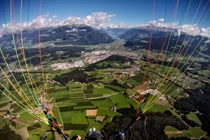 panorama, montagne, campi, cielo, parapendio, nuvole, verde, volo, paesaggio, paracadute
