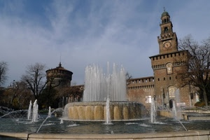 castello, fontana, zampilli, acqua, torre, alberi, orologio, torri, cielo, milano, torrione, getti, vasca, piazza