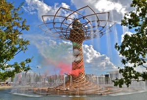 albero, nuvole, expo, milano, fontana, acqua, alberi, vita